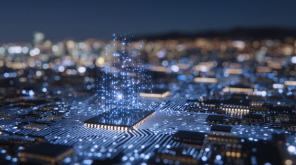 Close-up illustration of a cybernetic circuit board, embedded with microchips and data highways, a glowing blockchain ledger interface layered above for secure futuristic banking o