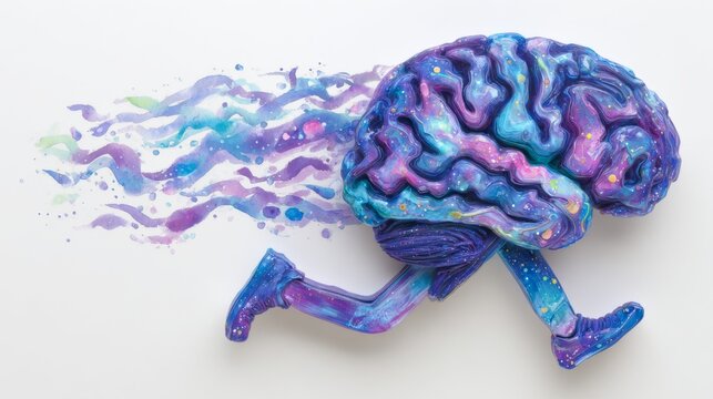 The notion that physical exercise contributes to a healthy brain is visually represented by a watercolor illustration of a brain with legs running and jogging, available as stock