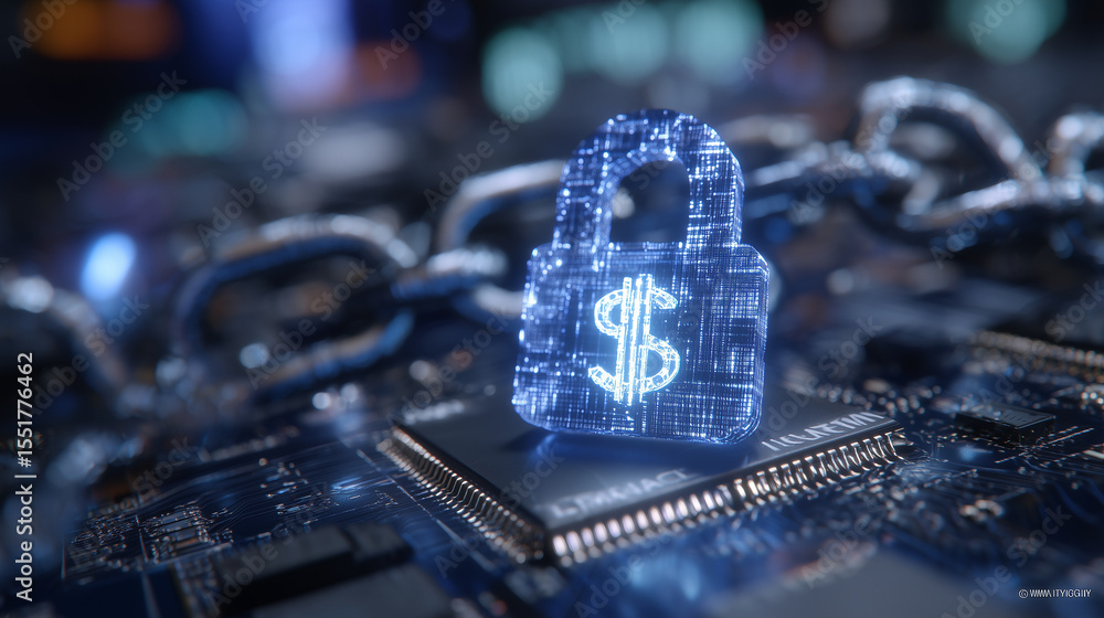 Poster futuristic banking dashboard interface overlaid on a glowing motherboard, digital currency icons and
