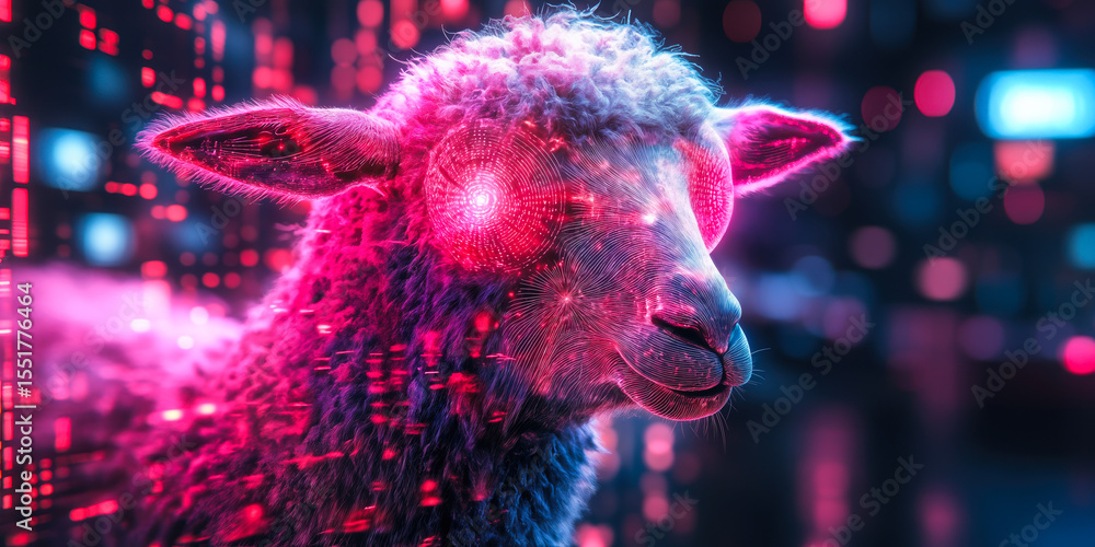 Poster digital futuristic glowing sheep head with intricate neural network patterns and red illuminated eye