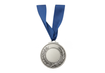 Isolated Medal With Silver Tone And Blue Ribbon On Transparent Background