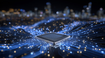 Illustration of an advanced data network, with CPU chip pulsing light at center, blockchain layers hovering above and around, connected by luminous pathways and digital nodes