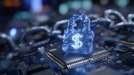 Futuristic banking dashboard interface overlaid on a glowing motherboard, digital currency icons and security chains interwoven across chipsets and neural-style data structures