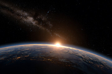a view of the earth from space with a bright light
