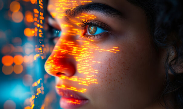 Close-up of young person with digital code reflection on face futuristic technology concept of human digital connection and data visualization in blue and orange light - Powered by Adobe