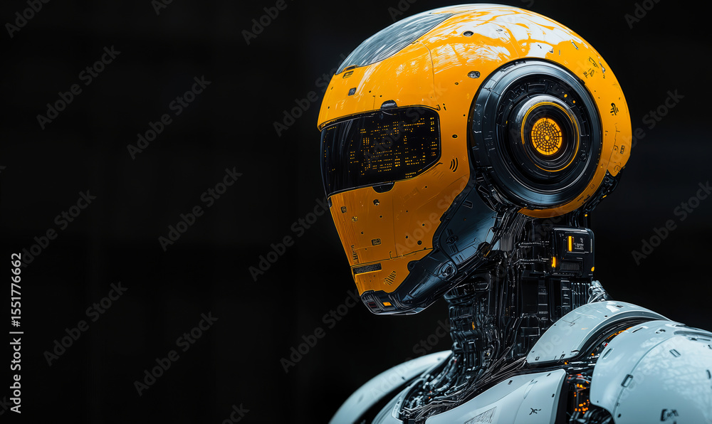 Poster close up side view of futuristic yellow and black robot head with digital interface details and mech
