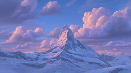 Majestic snow-covered mountains at sunrise create breathtaking natural scenery for adventure and travel enthusiasts