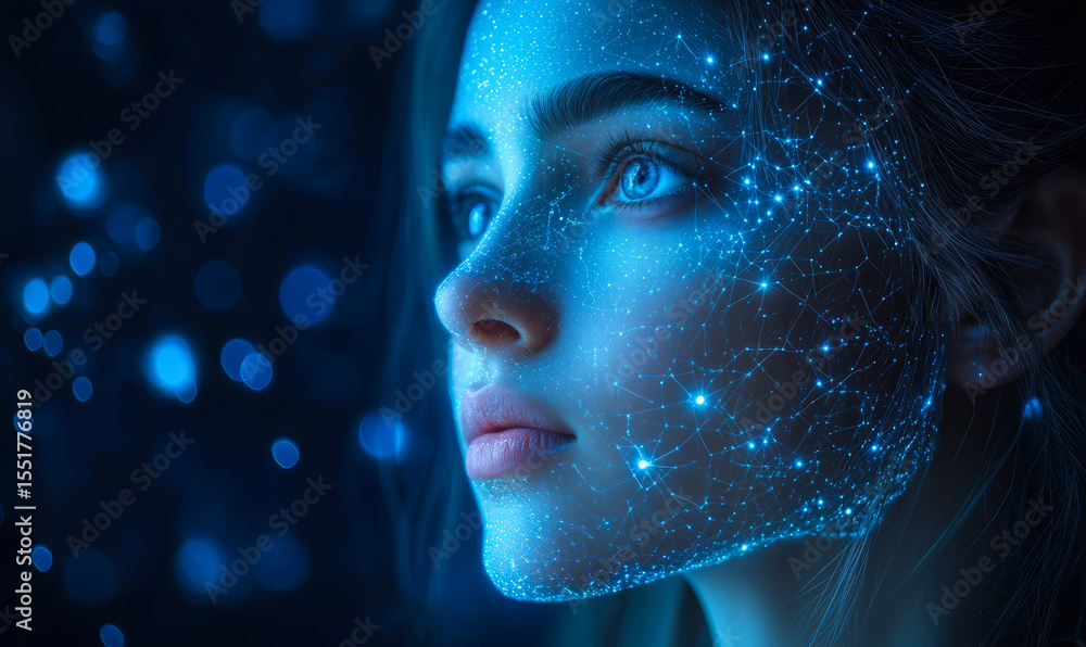 Poster close-up of young woman's face with glowing blue digital network overlay and futuristic data points 