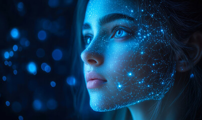 Close-up of young woman's face with glowing blue digital network overlay and futuristic data points representing AI and technology integration in human identity and mental wellness concepts