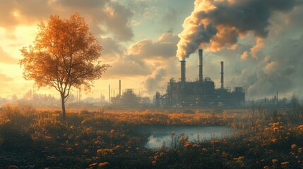 Industrial pollution darkens the sky over a blooming field of flowers with a solitary tree in the foreground during a beautiful sunset