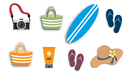 Summer vacation essentials set with beach accessories – surfboard, flip-flops, hats, camera, and sunscreen. Colorful flat design for travel, holiday, and summer-themed projects