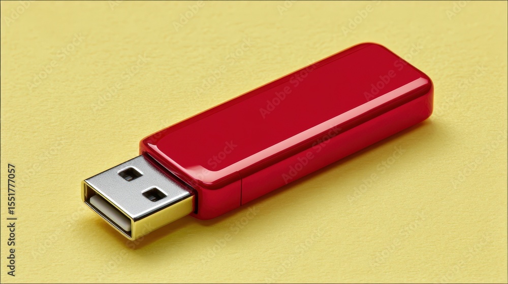 Poster red usb flash drive on yellow background high resolution image perfect for technology and data stora