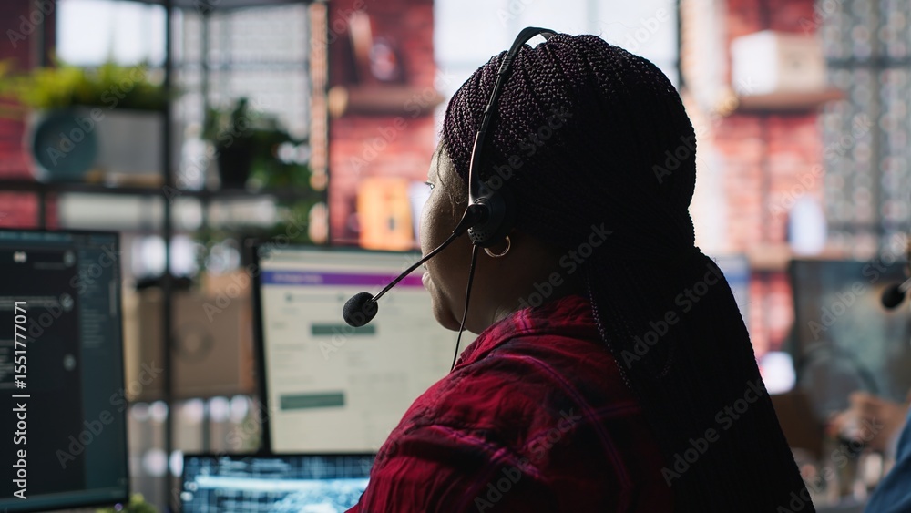 Poster call center worker in office using ai chatbot to provide quick replies to common customer queries. w
