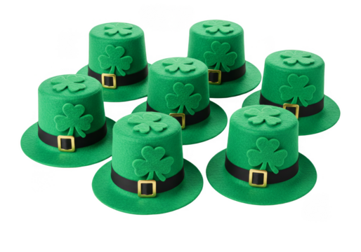 Isolated Pile of Sparkling Green St Patricks Day Hats with Shamrocks