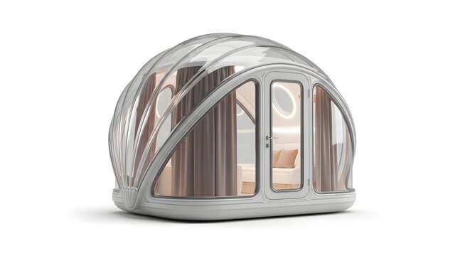 Futuristic Silver Bedroom Pod with Glass Dome Isolated on White