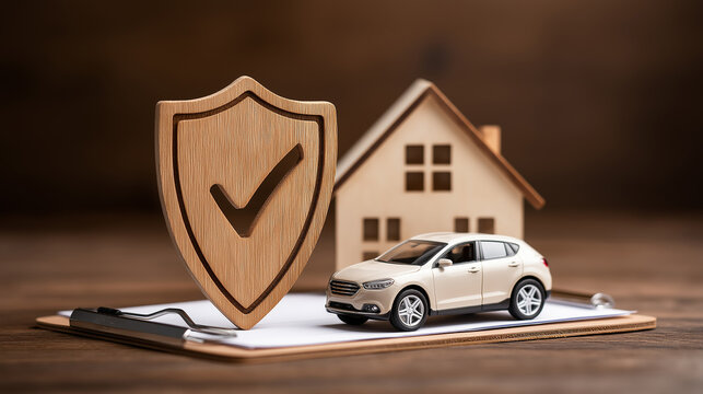 Property and Auto Insurance Protection Concept, Wooden Shield with Home and Car Models, Asset Security Visualization, Comprehensive Coverage for Valuable Possessions