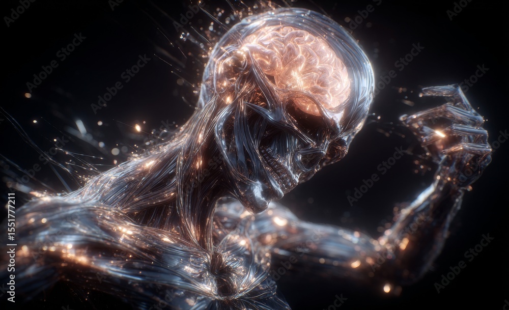 Poster a digitally rendered human head featuring neural links and radiant data serves as a representation o