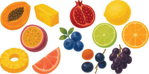 Watercolor Nutritious Fruits Collection  Hand-Painted Assorted Healthy Fruit Set for Organic Food and Wellness-Themed Designs | Generative AI