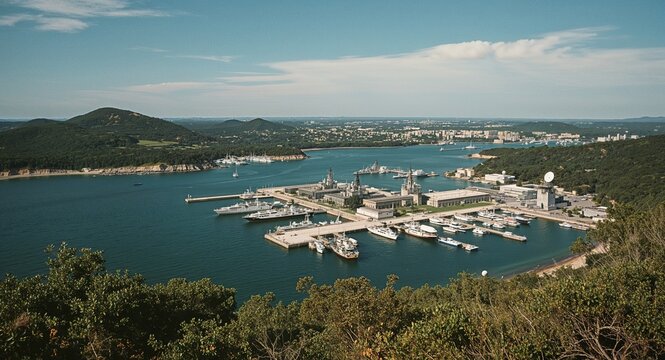 Coastal naval base with docks radar dishes and missile silos