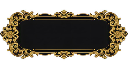 Elegant ornate gold frame with black background and intricate floral scrollwork and decorative elements