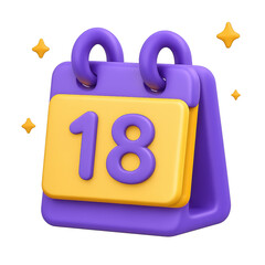 Number 18 on Calendar: Rendered 3D design. A calendar displaying the date "18," set in a visually engaging and colorful style.