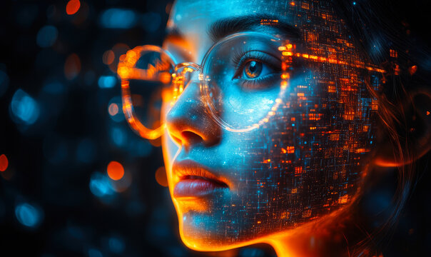 Close-up futuristic portrait of woman with digital data projection on face and glasses reflecting neon cityscape glowing in blue and orange light - Powered by Adobe