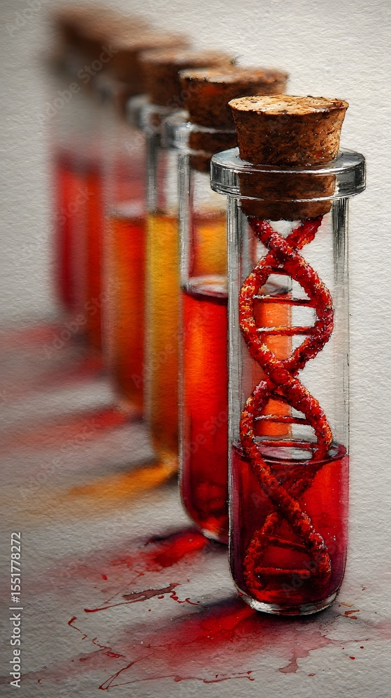 Poster glass vials with cork stoppers, each containing red liquid and a red dna double helix model inside, 