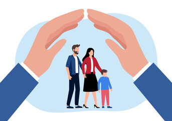 Family safety, life insurance or protection concept, lovely family holding hands, parent with boy for shelter and protection.