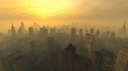 Obraz premium Sprawling metropolis at dawn with soft golden light illuminating the skyscrapers cinematic city awakening