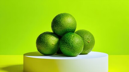 Vibrant Green Limes Arranged on a White Platform Against a Lime Green Background A Fresh and Zesty...