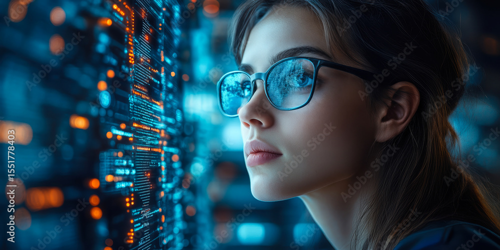 Poster young woman with glasses analyzing glowing digital data code on futuristic transparent screen in dar