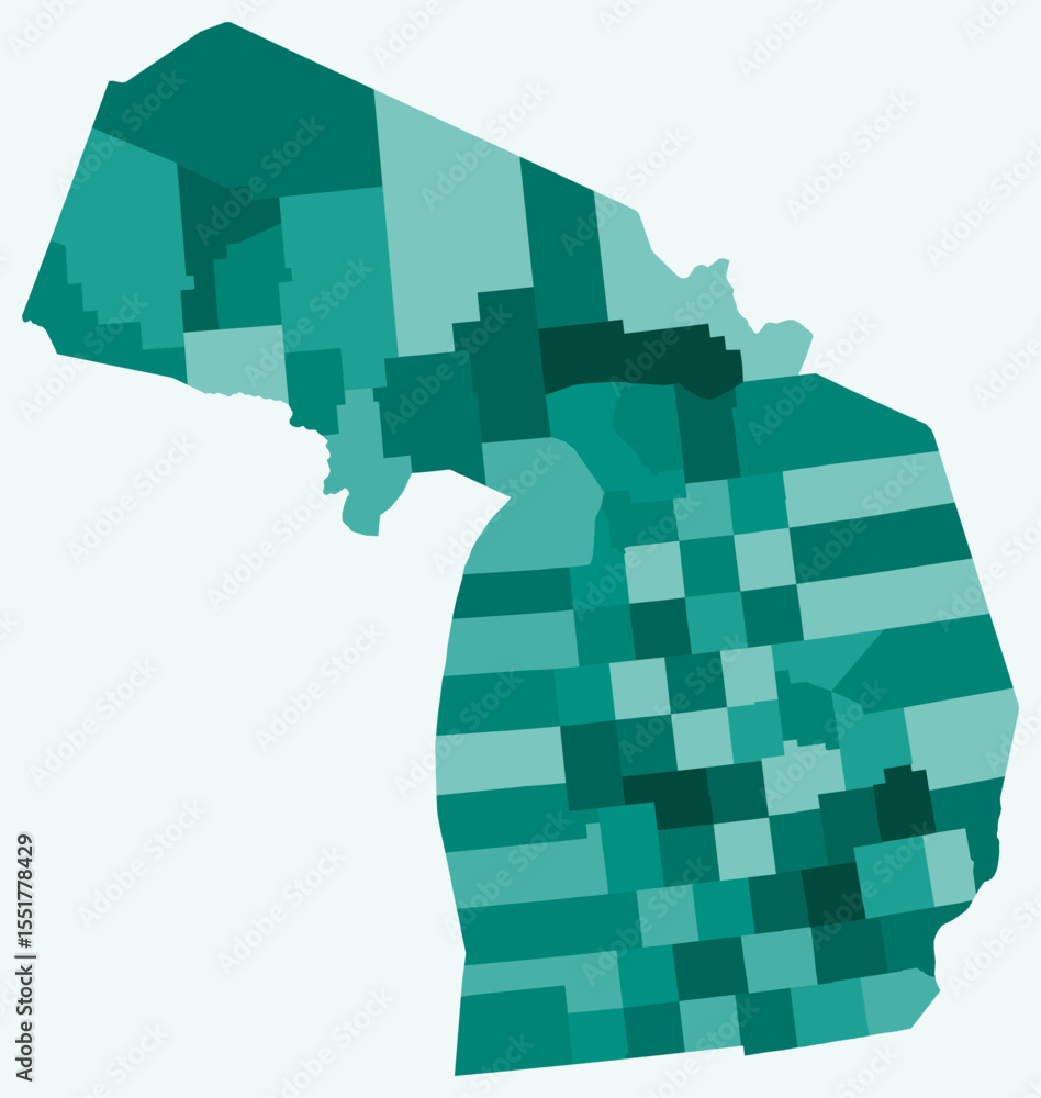 Poster map of michigan with counties. just a simple state border map with county division. teal color palet