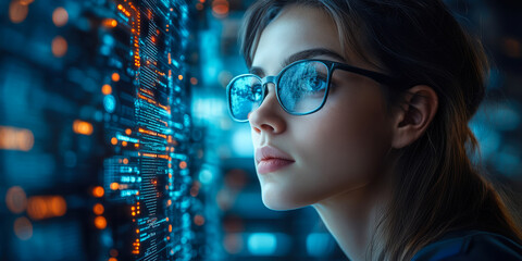 Young woman with glasses analyzing glowing digital data code on futuristic transparent screen in dark tech environment focused on programming and cybersecurity concept