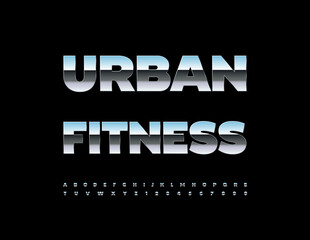 Vector Iron logo Urban Fitness. Metallic Glossy Font. Reflective Silver Alphabet Letters and Numbers set