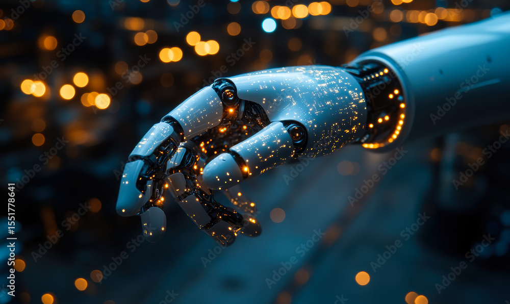 Poster futuristic robotic hand with glowing digital lights and cityscape bokeh background representing adva