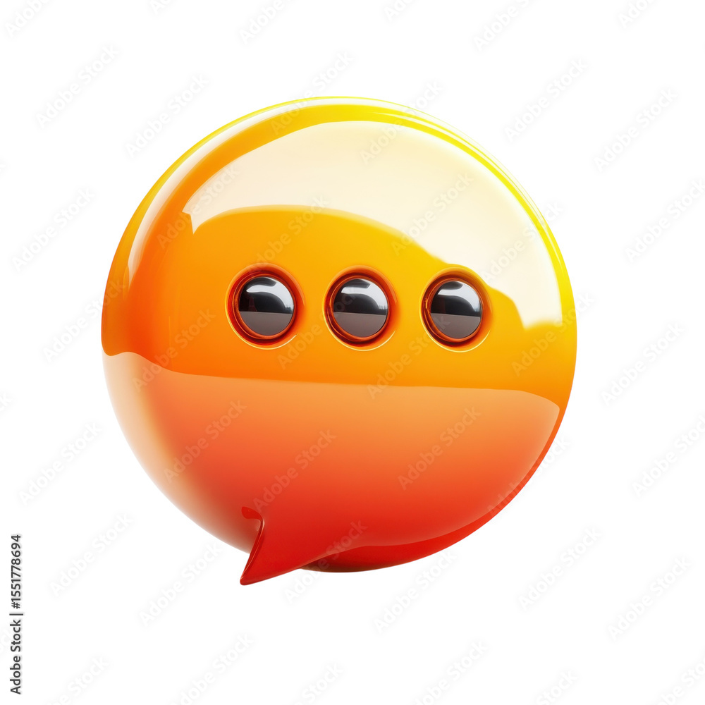 Fototapete Shiny Orange Speech Bubble Icon with Dots 3D Rendering Communication on transparent background