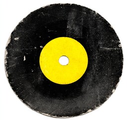 A black vinyl record with a yellow label is illustrated in meticulous detail, isolated against a white background to highlight its textured grooves and reflective qualities