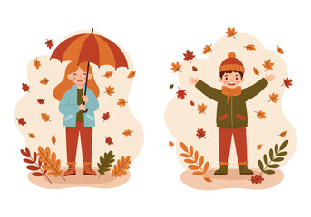 Vector illustration of a boy and a girl happily welcoming the fall season