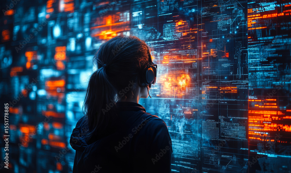 Poster woman with headset analyzing digital data and code on transparent futuristic screen in cybersecurity