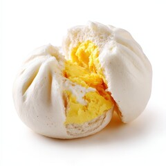 Delicious Custard Filled Bao Bun Halved Close Up Shot A perfect image for food blogs and culinary...