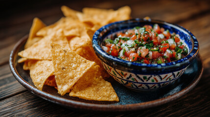 Close-up of golden, crispy tortilla chips piled high next to a rustic bowl of chunky fresh salsa bursting with diced tomatoes, onions, jalapeÃ±os, and cilantro, glistening with zest