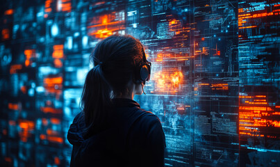 Woman with headset analyzing digital data and code on transparent futuristic screen in cybersecurity technology control room at night