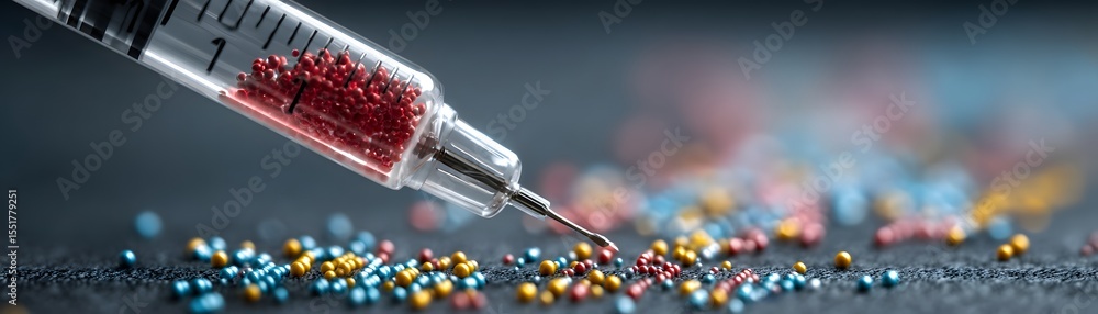Poster a close-up image of a syringe filled with red capsules, surrounded by scattered multicolored pills o