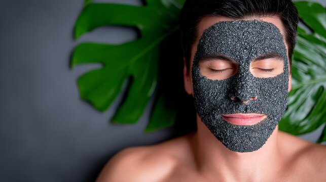 In a tranquil setting among tropical leaves, a man with a green face mask experiences relaxation and rejuvenation through a wellness treatment, suited for skincare and self-care ideas
