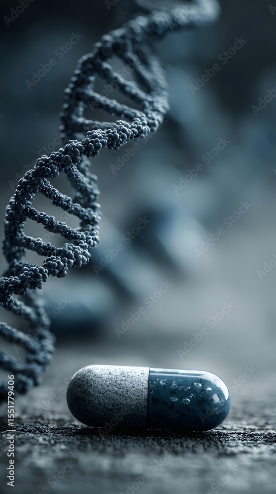 Poster a close-up of a dna helix structure with a capsule pill in the foreground, symbolizing genetics and 