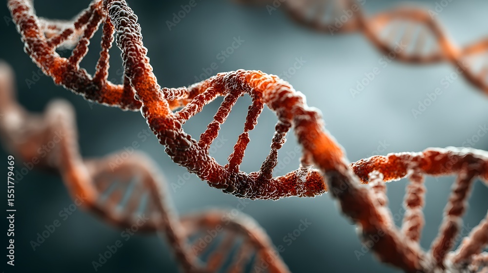 Poster close-up 3d visualization of a dna double helix structure with detailed textures, highlighting the m