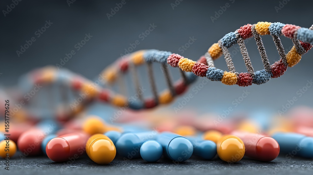 Poster a close-up of a dna double helix model with colorful pills in the foreground, representing genetics 