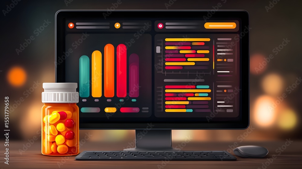 Poster a computer screen displays colorful data charts and code, with a pill bottle containing capsules nea