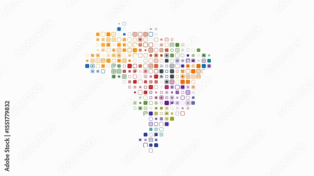 Poster brazil dotted animation. shape of the country built of pulsating colored dots. large size rounded sq