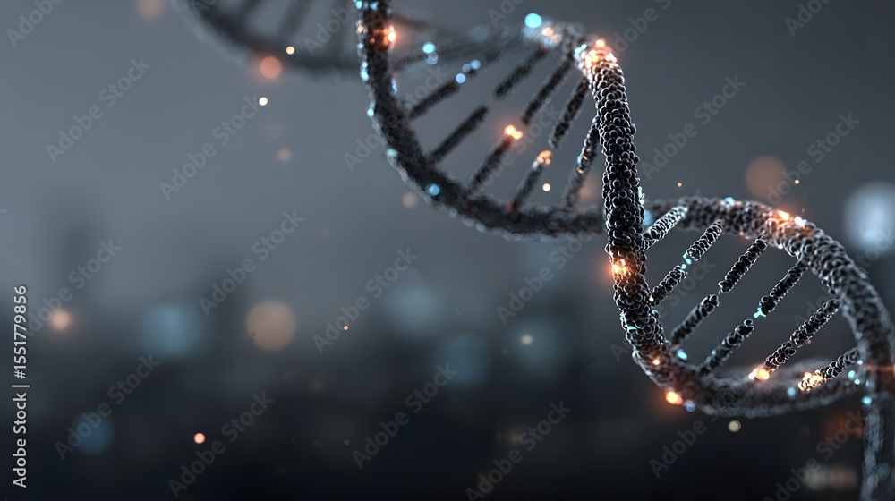 Poster a close-up digital rendering of a glowing dna double helix strand with a dark, blurred background sh